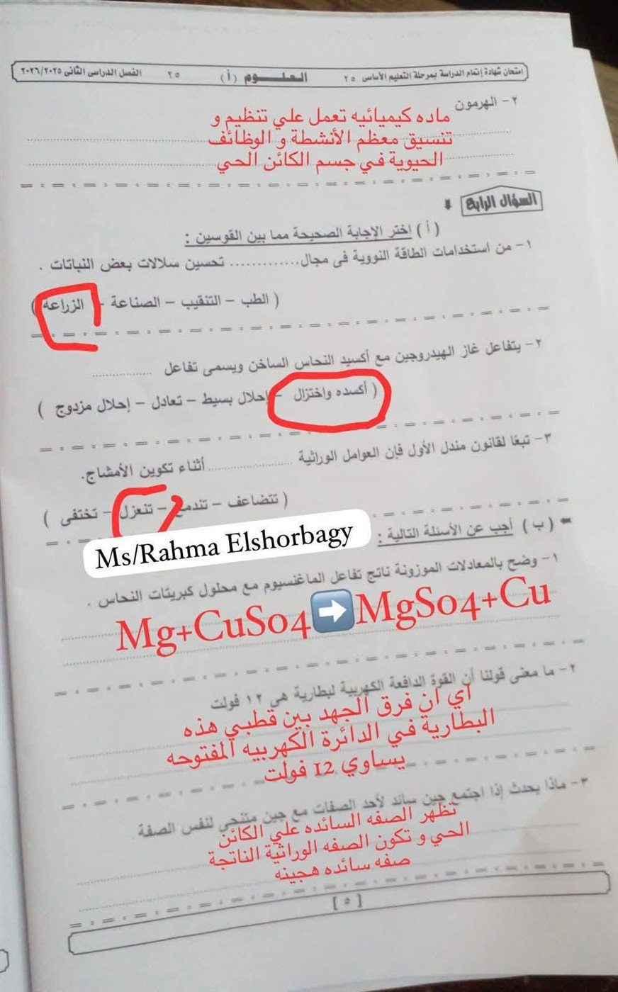 نموذج إجابة امتحان العلوم تالتة إعدادي 2026 الجيزة