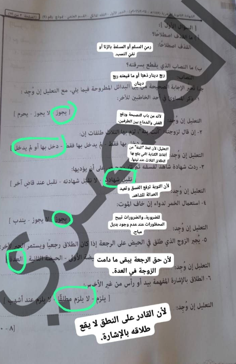 نموذج إجابة امتحان الفقه المالكي للثانوية الأزهرية 2026 شعبة علمي
