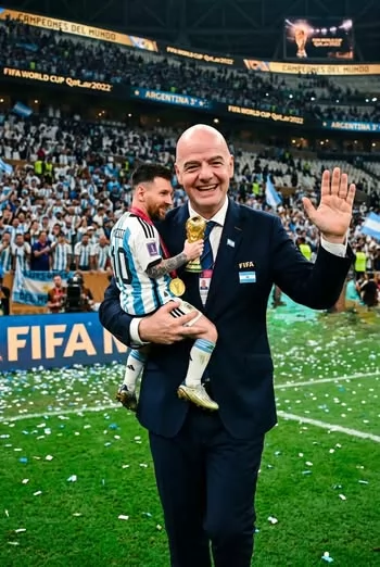 لقطة افتراضية لرئيس الفيفا وكأنه يحمل ميسي