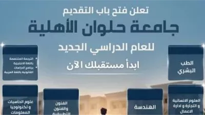 جامعة حلوان الأهلية تعلن فتح باب التقديم للعام الدراسى 2026 / 2027